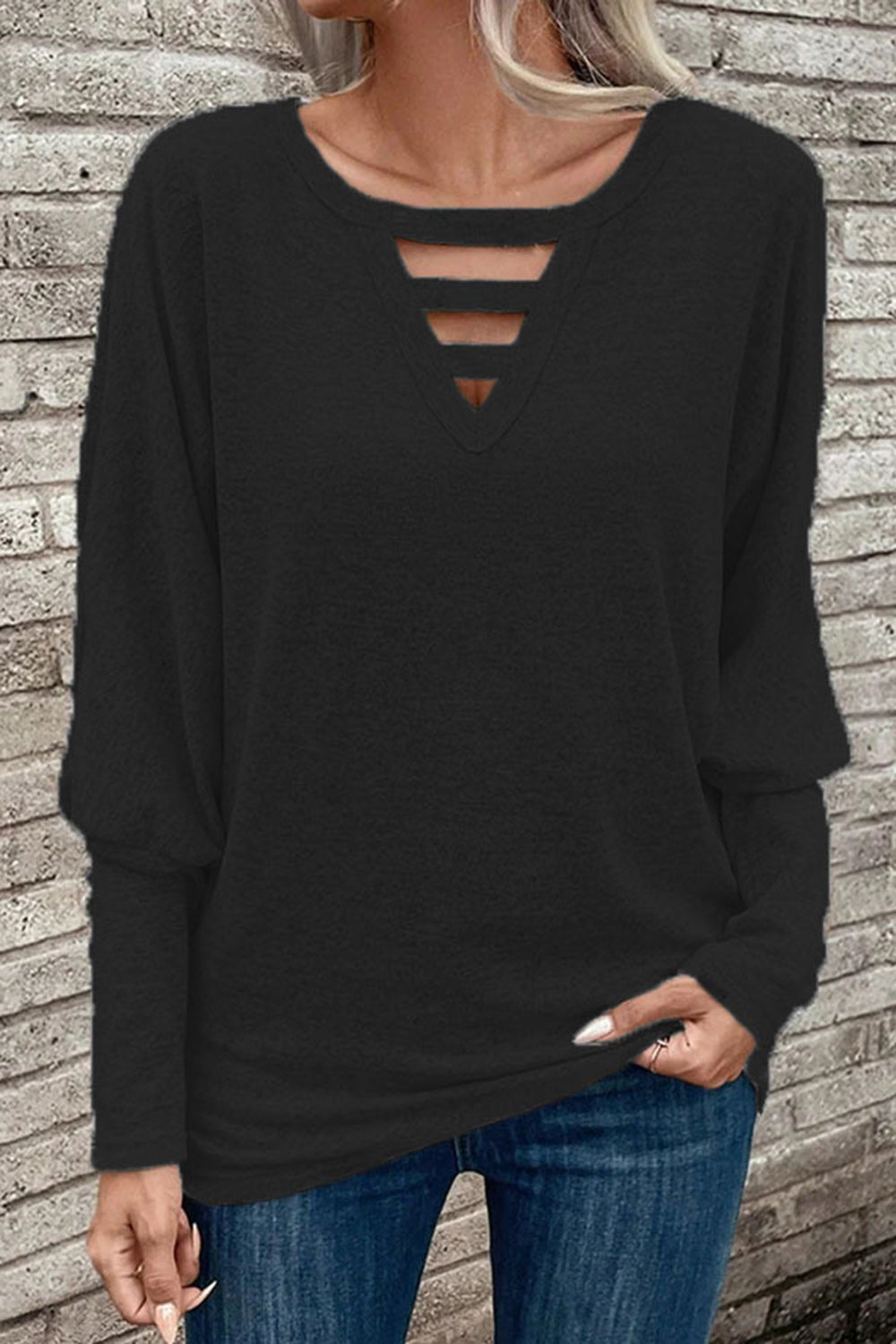 Cutout Round Neck Long Sleeve T-Shirt - Flyclothing LLC