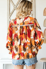 Printed Flounce Sleeve Buttoned Blouse - Flyclothing LLC