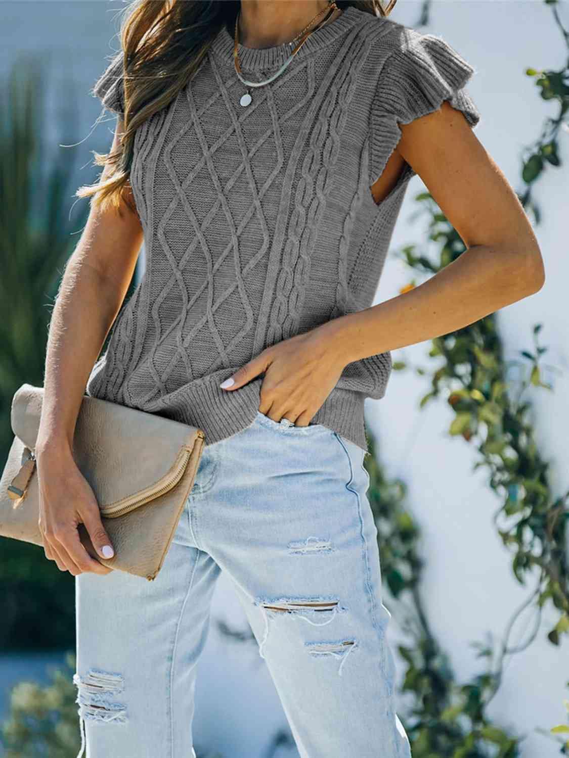 Round Neck Cap Sleeve Sweater - Trendsi