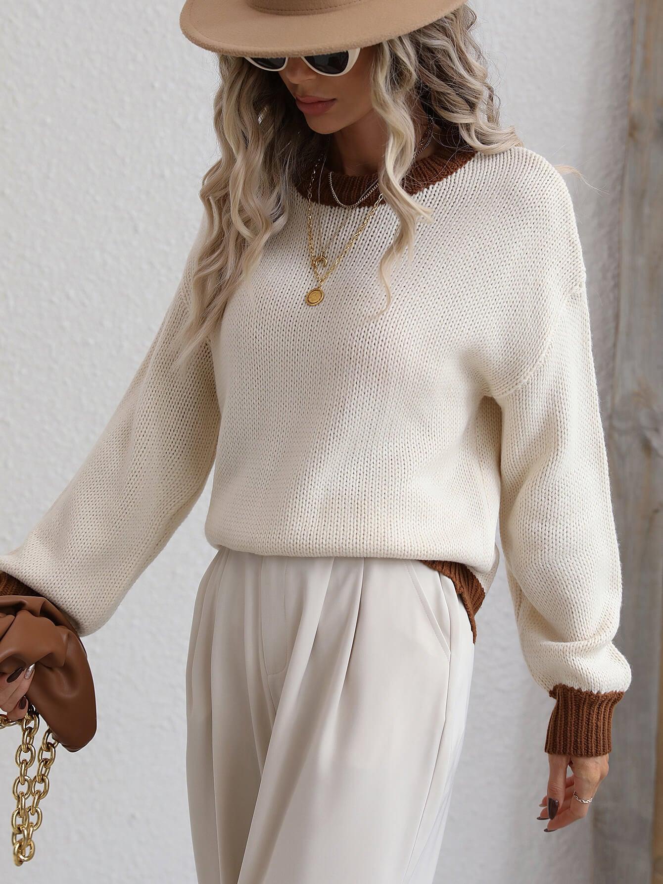 Contrast Trim Drop Shoulder Pullover Sweater - Flyclothing LLC