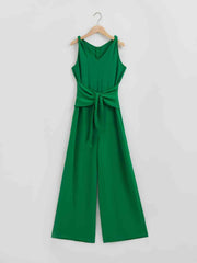 Knot Detail Tie Front Sleeveless Jumpsuit - Flyclothing LLC