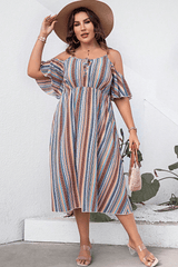 Plus Size Striped Cold-Shoulder Dress - Flyclothing LLC