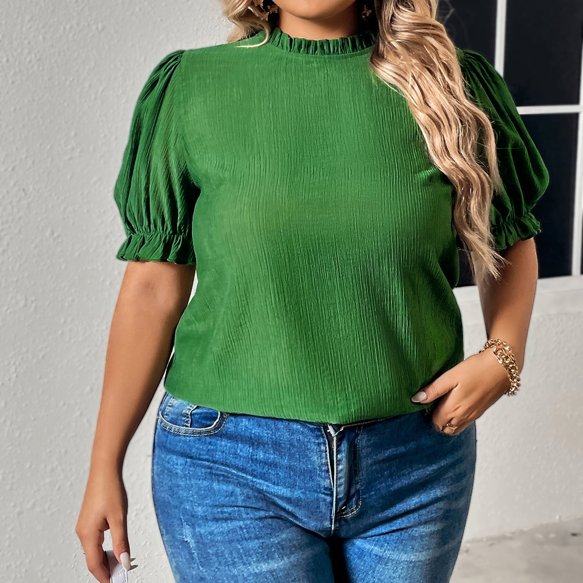 Plus Size Round Neck Flounce Sleeve Blouse - Flyclothing LLC