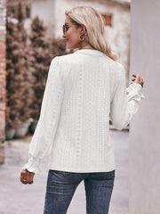 Eyelet Notched Neck Flounce Sleeve Blouse - Trendsi