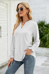 Heathered Flounce Sleeve Curved Hem Top - Trendsi