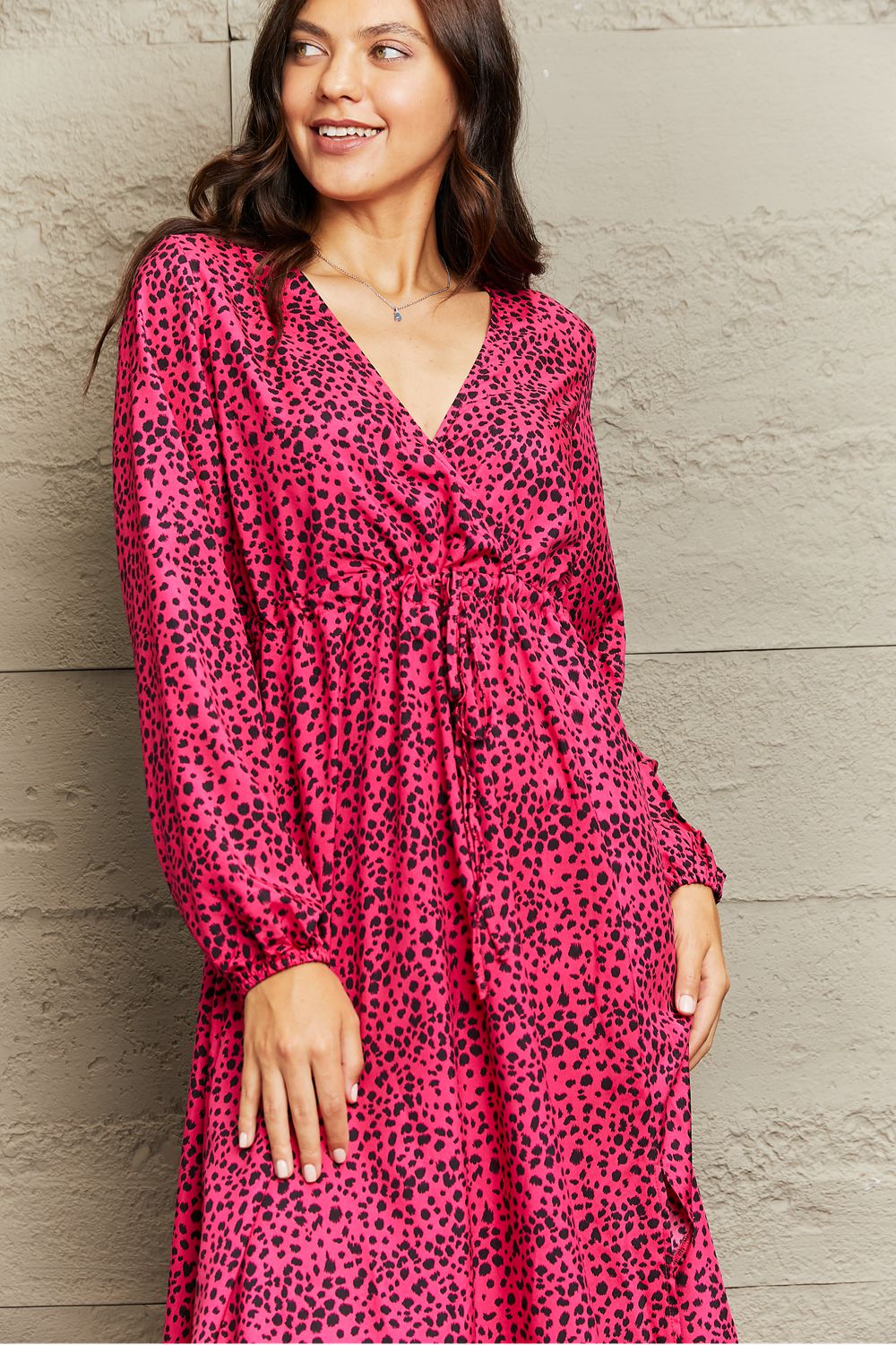 Printed Surplice Neck Long Sleeve Slit Dress - Flyclothing LLC