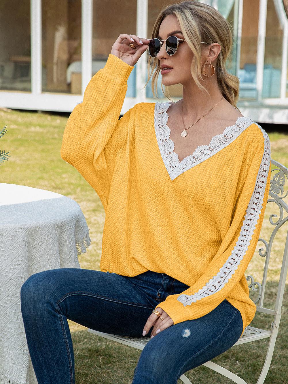 Contrast Spliced Lace V-Neck Top - Flyclothing LLC