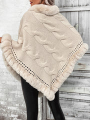 Trendsi Faux Fur Trim Cable-Knit Poncho