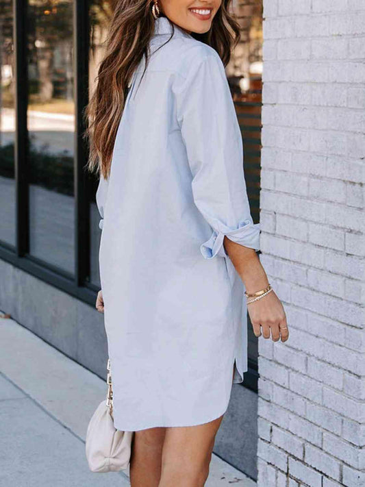 Button Up Collared Neck Long Sleeve Shirt Dress - Trendsi