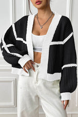 Contrast Open Front Long Sleeve Cardigan - Flyclothing LLC