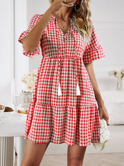 Plaid Flounce Sleeve Buttoned Mini Dress - Flyclothing LLC