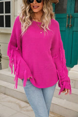 Fringe Round Neck Dropped Shoulder Sweater - Flyclothing LLC