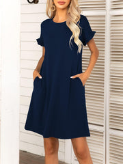 Round Neck Flounce Sleeve Dress with Pockets - Flyclothing LLC