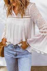 Eyelet Tassel Tie Flare Sleeve Blouse - Flyclothing LLC