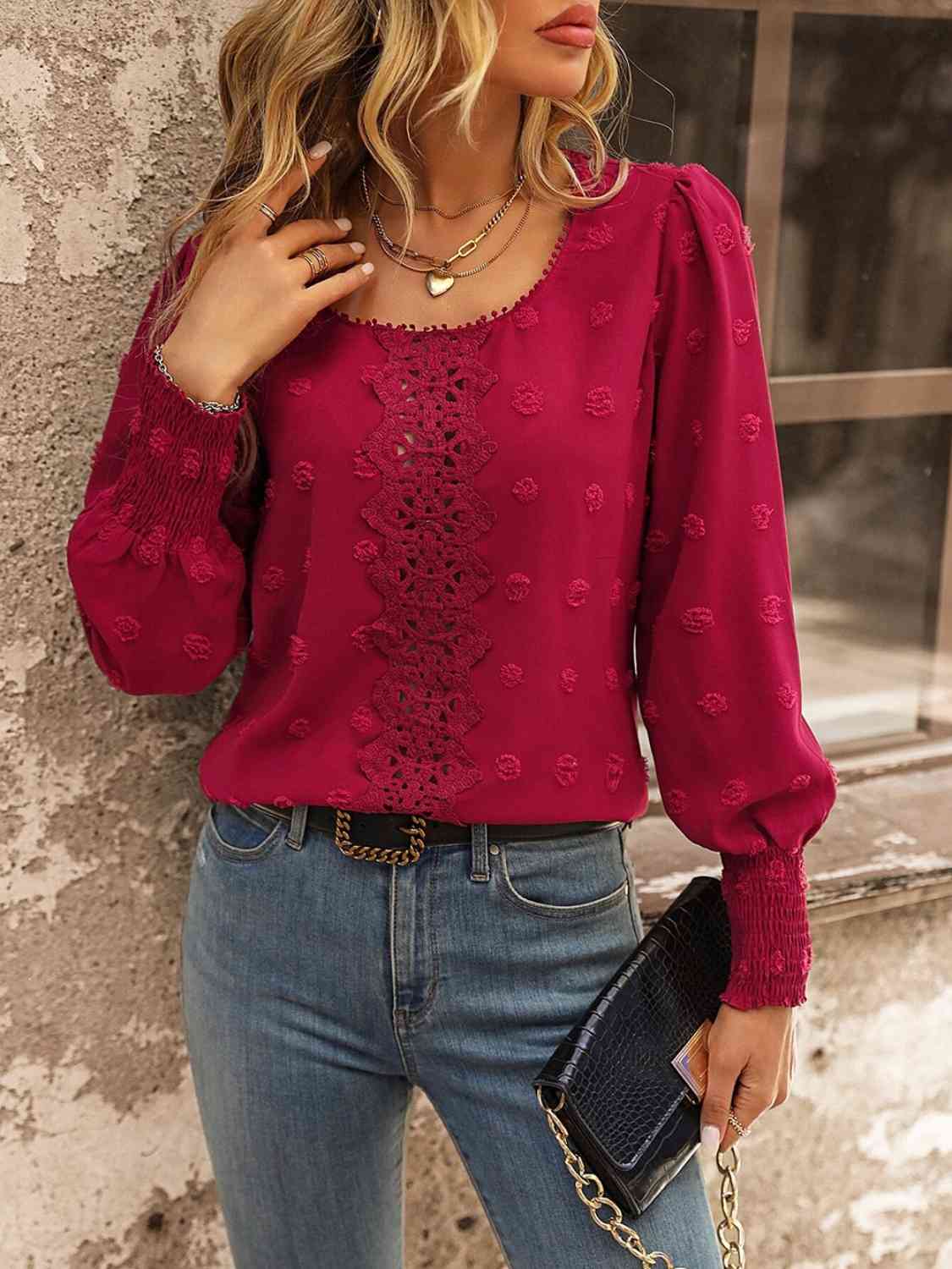 Swiss Dot Lace Detail Blouse - Flyclothing LLC