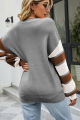 Color Block V-Neck Dropped Shoulder Sweater - Trendsi