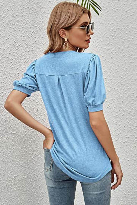 Notched Neck Puff Sleeve Tee - Flyclothing LLC