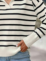 Striped Collared Neck Knit Top - Flyclothing LLC