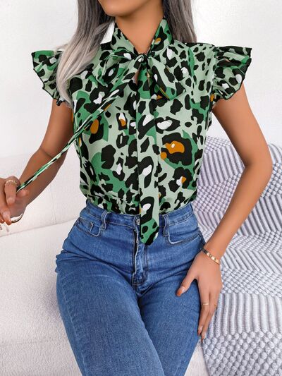 Leopard Tie Neck Cap Sleeve Blouse - Flyclothing LLC