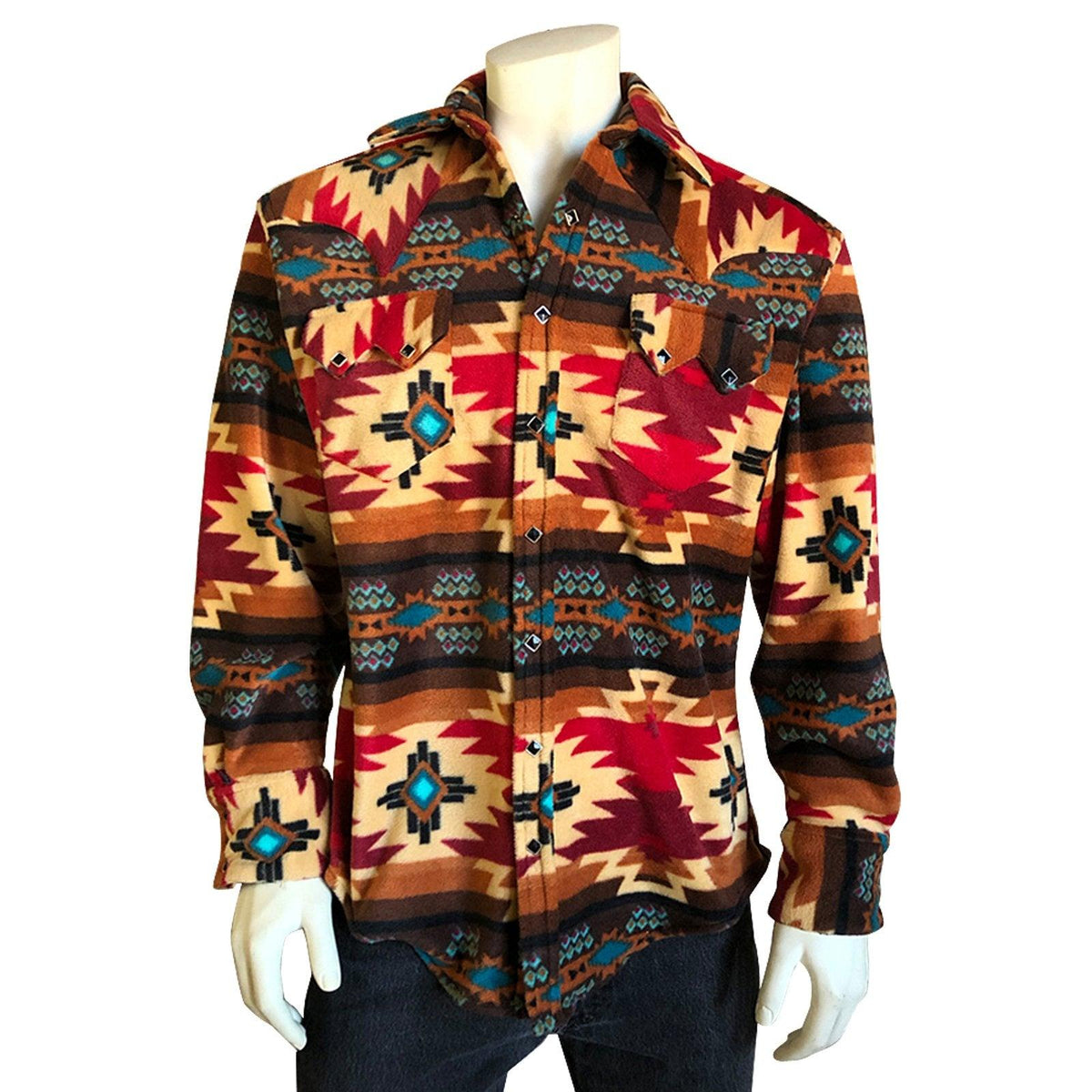 Men's Native Pattern Fleece Western Shirt in Brown & Red - Flyclothing LLC