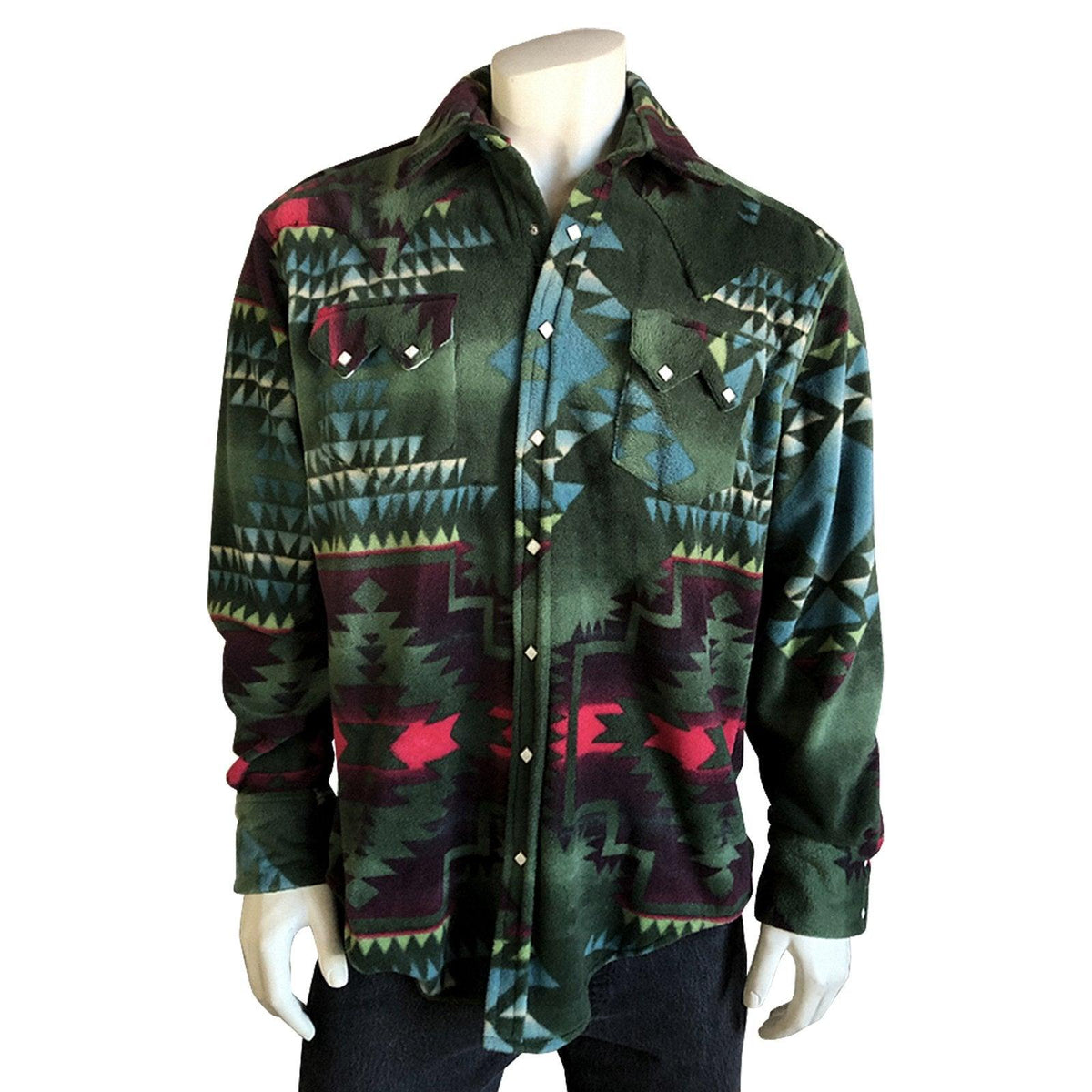 Men's Native Pattern Fleece Western Shirt in Green & Black - Flyclothing LLC