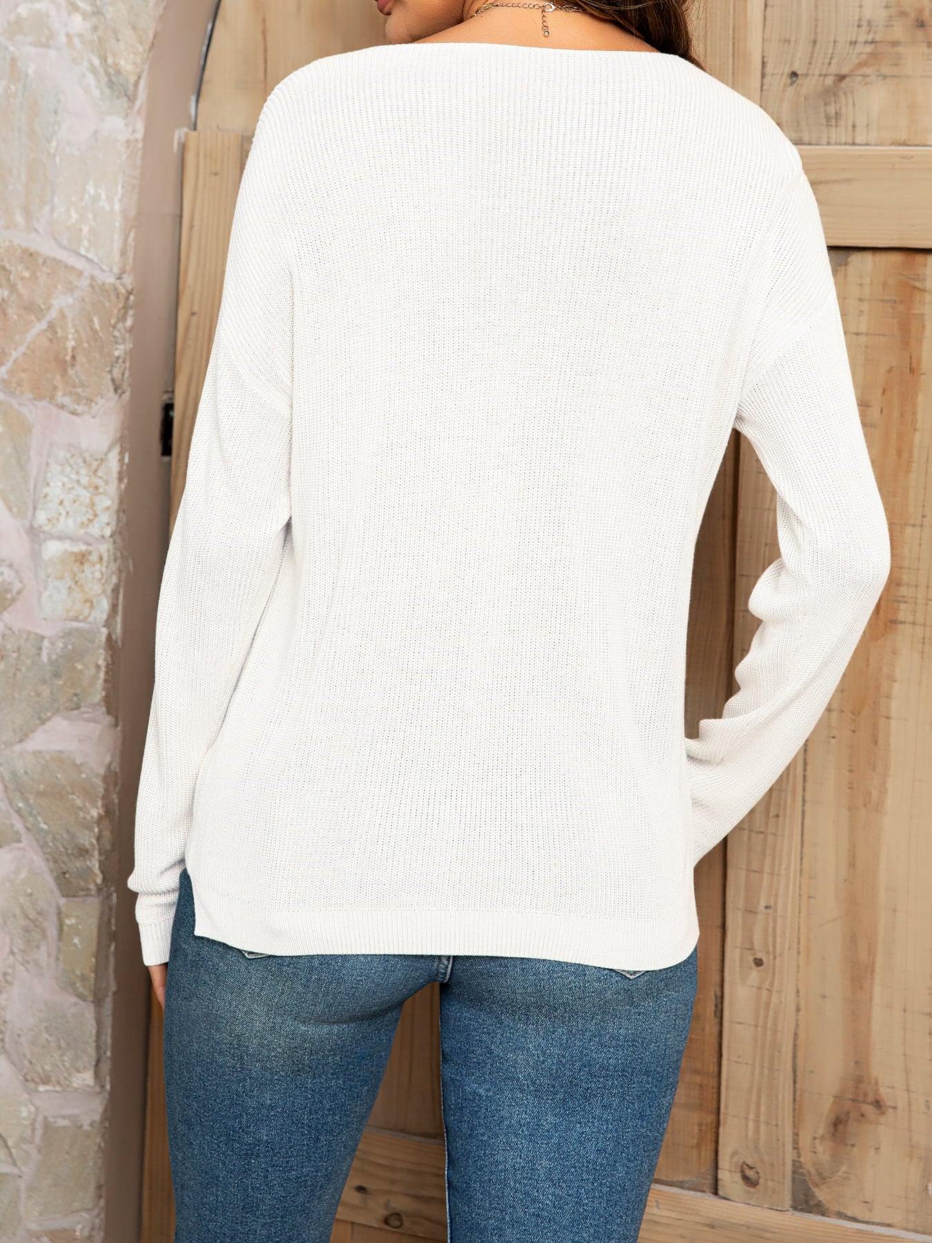 V-Neck Long Sleeve Knit Top with Pocket - Flyclothing LLC