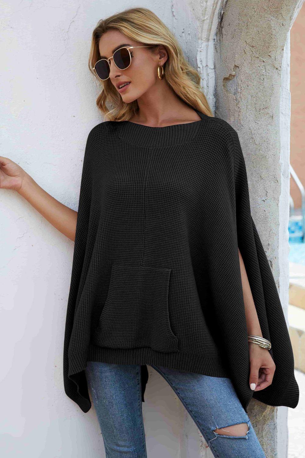 Waffle-Knit Cloak Sleeve Pocket Sweater - Flyclothing LLC