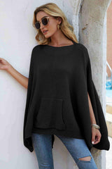 Waffle-Knit Cloak Sleeve Pocket Sweater - Flyclothing LLC