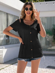 Decorative Button Round Neck Cold Shoulder T-Shirt - Flyclothing LLC