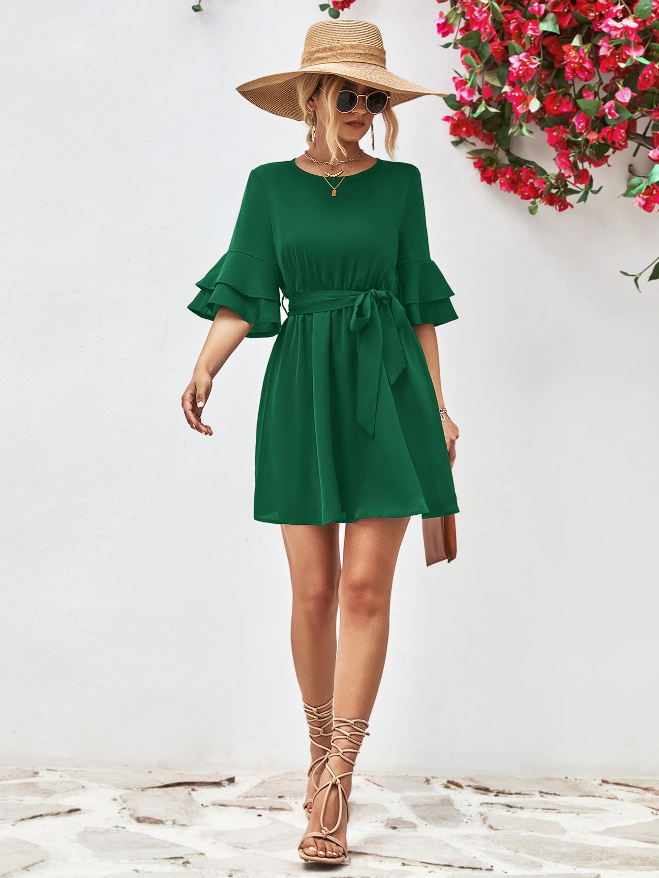 Round Neck Tie Belt Flounce Sleeve Dress - Flyclothing LLC