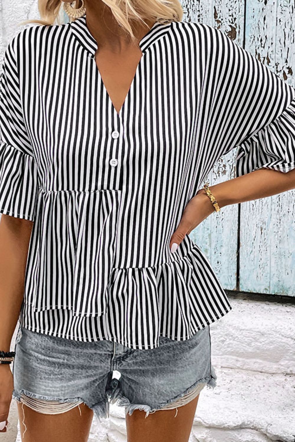 Striped Asymmetrical Flounce Sleeve Blouse - Flyclothing LLC