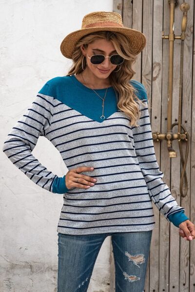 Striped Round Neck Long Sleeve T-Shirt - Flyclothing LLC