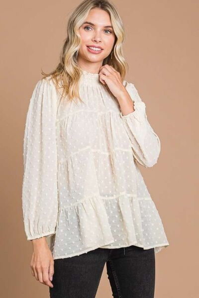 Culture Code Full Size Swiss Dot Smocked Mock Neck Blouse - Flyclothing LLC