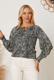 Printed Tie Neck Lantern Sleeve Blouse - Flyclothing LLC