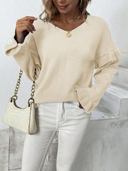 Ruffled V-Neck Dropped Shoulder Sweater - Flyclothing LLC