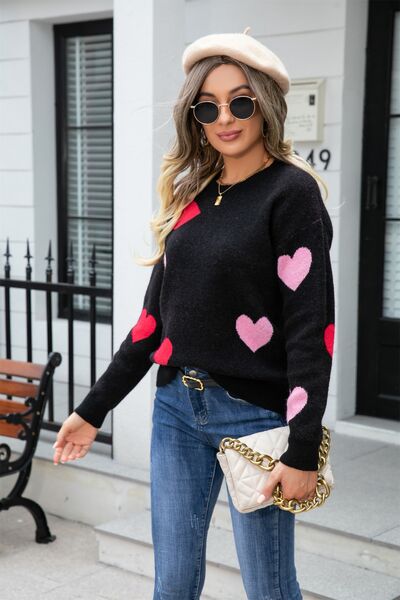 Heart Round Neck Droppped Shoulder Sweater - Flyclothing LLC