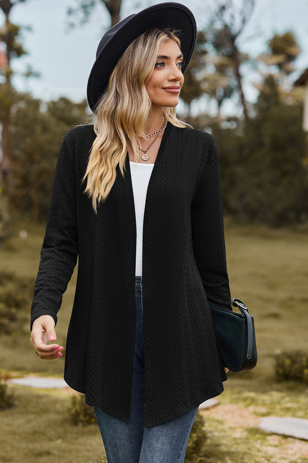 Textured Open Front Long Sleeve Cardigan - Flyclothing LLC