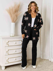 Star Pattern Open Front Cardigan with Pockets - Flyclothing LLC