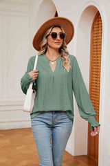 Notched Neck Flounce Sleeve Blouse - Flyclothing LLC