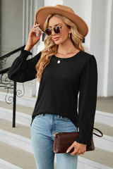 Round Neck Smocked Flounce Sleeve Blouse - Flyclothing LLC