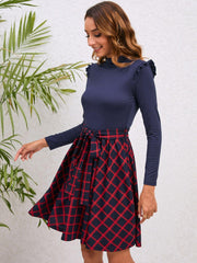 Plaid Tie Waist Ruffle Shoulder Dress - Flyclothing LLC