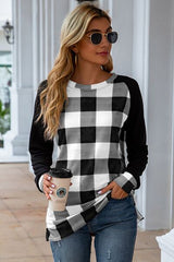 Plaid Round Neck Long Sleeve T-Shirt - Flyclothing LLC