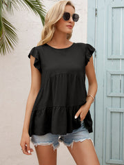 Round Neck Flutter Sleeve Tiered Blouse - Flyclothing LLC