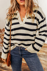 Striped Collared Neck Long Sleeve Sweater - Flyclothing LLC