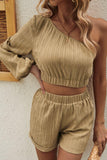 One-Shoulder Balloon Sleeve Crop Top and Shorts Set - Flyclothing LLC