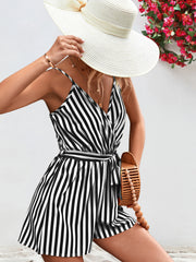 Striped Tie Waist Spaghetti Strap Romper - Flyclothing LLC