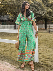 Floral Surplice Flutter Sleeve Jumpsuit - Flyclothing LLC