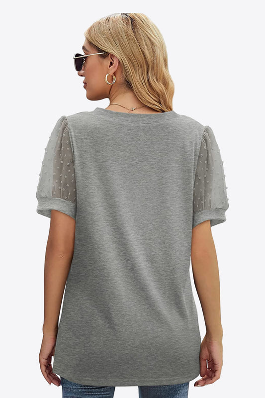 Swiss Dot Puff Sleeve V-Neck Tee - Flyclothing LLC