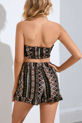 Printed Frill Trim Tube Top and Shorts Set - Flyclothing LLC