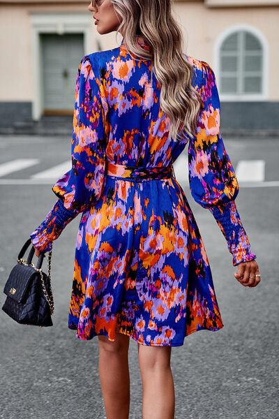 Printed Tie Waist Mock Neck Lantern Sleeve Dress - Flyclothing LLC